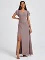 A-line V-neck Short Sleeves Pleated Floor-Length Chiffon Bridesmaid Dress