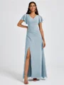 A-line V-neck Short Sleeves Pleated Floor-Length Chiffon Bridesmaid Dress