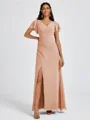 A-line V-neck Short Sleeves Pleated Floor-Length Chiffon Bridesmaid Dress
