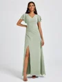 A-line V-neck Short Sleeves Pleated Floor-Length Chiffon Bridesmaid Dress