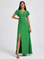 A-line V-neck Short Sleeves Pleated Floor-Length Chiffon Bridesmaid Dress