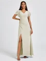 A-line V-neck Short Sleeves Pleated Floor-Length Chiffon Bridesmaid Dress