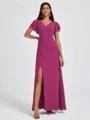 A-line V-neck Short Sleeves Pleated Floor-Length Chiffon Bridesmaid Dress
