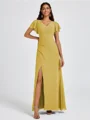 A-line V-neck Short Sleeves Pleated Floor-Length Chiffon Bridesmaid Dress
