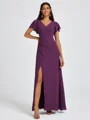 A-line V-neck Short Sleeves Pleated Floor-Length Chiffon Bridesmaid Dress