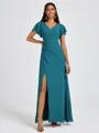 A-line V-neck Short Sleeves Pleated Floor-Length Chiffon Bridesmaid Dress