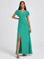 A-line V-neck Short Sleeves Pleated Floor-Length Chiffon Bridesmaid Dress