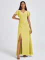 A-line V-neck Short Sleeves Pleated Floor-Length Chiffon Bridesmaid Dress