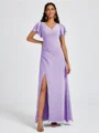 A-line V-neck Short Sleeves Pleated Floor-Length Chiffon Bridesmaid Dress