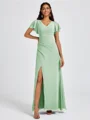 A-line V-neck Short Sleeves Pleated Floor-Length Chiffon Bridesmaid Dress