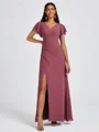 A-line V-neck Short Sleeves Pleated Floor-Length Chiffon Bridesmaid Dress