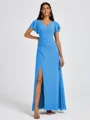 A-line V-neck Short Sleeves Pleated Floor-Length Chiffon Bridesmaid Dress