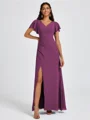 A-line V-neck Short Sleeves Pleated Floor-Length Chiffon Bridesmaid Dress
