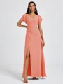 A-line V-neck Short Sleeves Pleated Floor-Length Chiffon Bridesmaid Dress