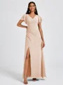 A-line V-neck Short Sleeves Pleated Floor-Length Chiffon Bridesmaid Dress
