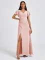 A-line V-neck Short Sleeves Pleated Floor-Length Chiffon Bridesmaid Dress