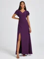 A-line V-neck Short Sleeves Pleated Floor-Length Chiffon Bridesmaid Dress