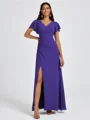 A-line V-neck Short Sleeves Pleated Floor-Length Chiffon Bridesmaid Dress