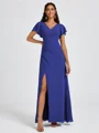 A-line V-neck Short Sleeves Pleated Floor-Length Chiffon Bridesmaid Dress
