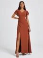 A-line V-neck Short Sleeves Pleated Floor-Length Chiffon Bridesmaid Dress