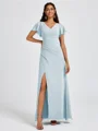 A-line V-neck Short Sleeves Pleated Floor-Length Chiffon Bridesmaid Dress