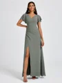 A-line V-neck Short Sleeves Pleated Floor-Length Chiffon Bridesmaid Dress