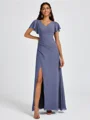A-line V-neck Short Sleeves Pleated Floor-Length Chiffon Bridesmaid Dress