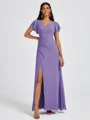 A-line V-neck Short Sleeves Pleated Floor-Length Chiffon Bridesmaid Dress