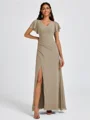 A-line V-neck Short Sleeves Pleated Floor-Length Chiffon Bridesmaid Dress