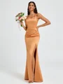 Sheath Square Pleated Floor-Length Satin Bridesmaid Dress
