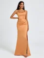 Sheath Square Pleated Floor-Length Satin Bridesmaid Dress