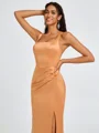 Sheath Square Pleated Floor-Length Satin Bridesmaid Dress