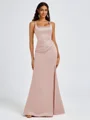 Sheath Square Pleated Floor-Length Satin Bridesmaid Dress