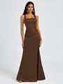 Sheath Square Pleated Floor-Length Satin Bridesmaid Dress