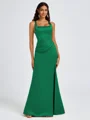 Sheath Square Pleated Floor-Length Satin Bridesmaid Dress