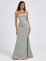 Sheath Square Pleated Floor-Length Satin Bridesmaid Dress