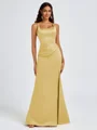 Sheath Square Pleated Floor-Length Satin Bridesmaid Dress