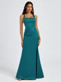 Sheath Square Pleated Floor-Length Satin Bridesmaid Dress