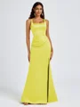 Sheath Square Pleated Floor-Length Satin Bridesmaid Dress