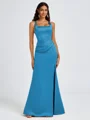 Sheath Square Pleated Floor-Length Satin Bridesmaid Dress