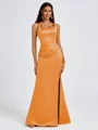 Sheath Square Pleated Floor-Length Satin Bridesmaid Dress