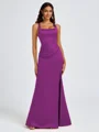 Sheath Square Pleated Floor-Length Satin Bridesmaid Dress