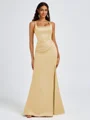 Sheath Square Pleated Floor-Length Satin Bridesmaid Dress
