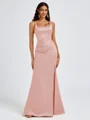Sheath Square Pleated Floor-Length Satin Bridesmaid Dress