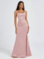 Sheath Square Pleated Floor-Length Satin Bridesmaid Dress