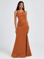Sheath Square Pleated Floor-Length Satin Bridesmaid Dress