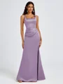 Sheath Square Pleated Floor-Length Satin Bridesmaid Dress