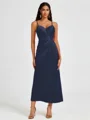 A-line Spaghetti Straps Pleated Ankle-Length Charmeuse Bridesmaid Dress