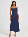 A-line Spaghetti Straps Pleated Ankle-Length Charmeuse Bridesmaid Dress