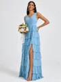 A-line V-neck Cascading Ruffles Floor-Length Bridesmaid Dress